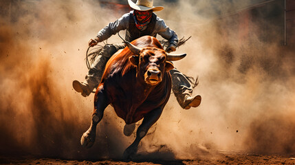 An action-packed rodeo with cowboys participate in thrilling lasso events or daredevil bull riding