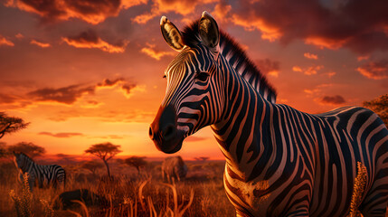 Fototapeta na wymiar Close up of a Zebra standing in a National Park in sunset