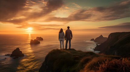 Couple standing on the edge of a cliff looking out at the sun setting in the sky over the ocean