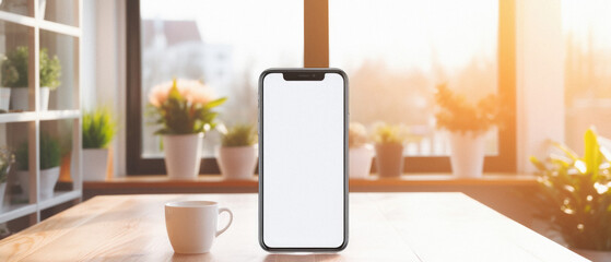Smartphone mockup with blank screen on wooden table in coffee shop