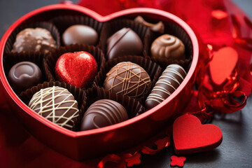 Valentine sweet surprise, Chocolates in a heart shaped red box, a delectable expression of love.