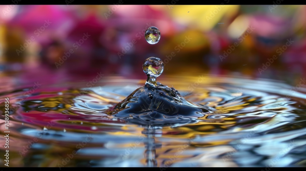 Poster a close up of a water drop with a multicolored background and a drop of water in the middle of the d