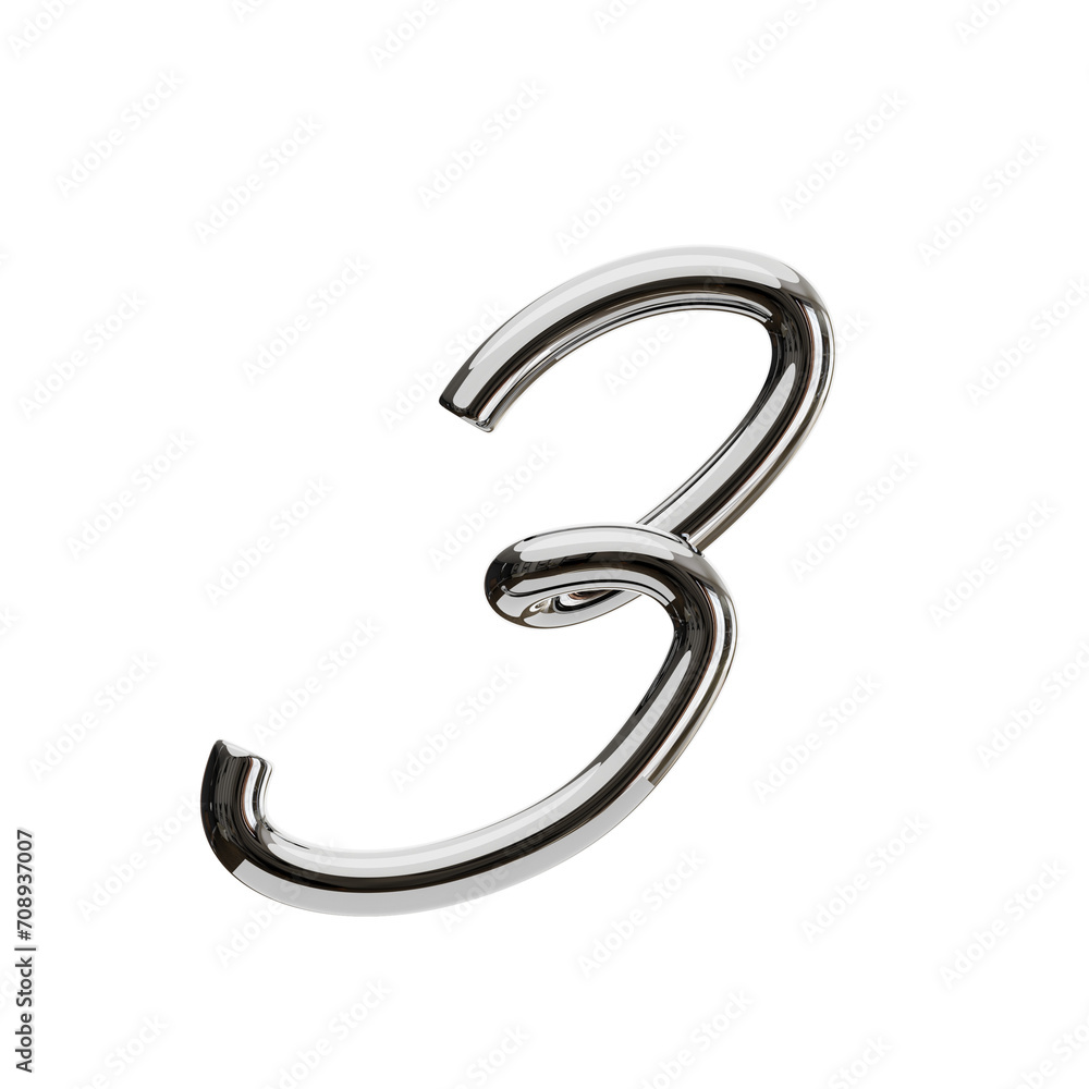 Poster 3d number 3 shape chrome text. 3d illustration, 3d element, 3d rendering. 3d visualization isolated 