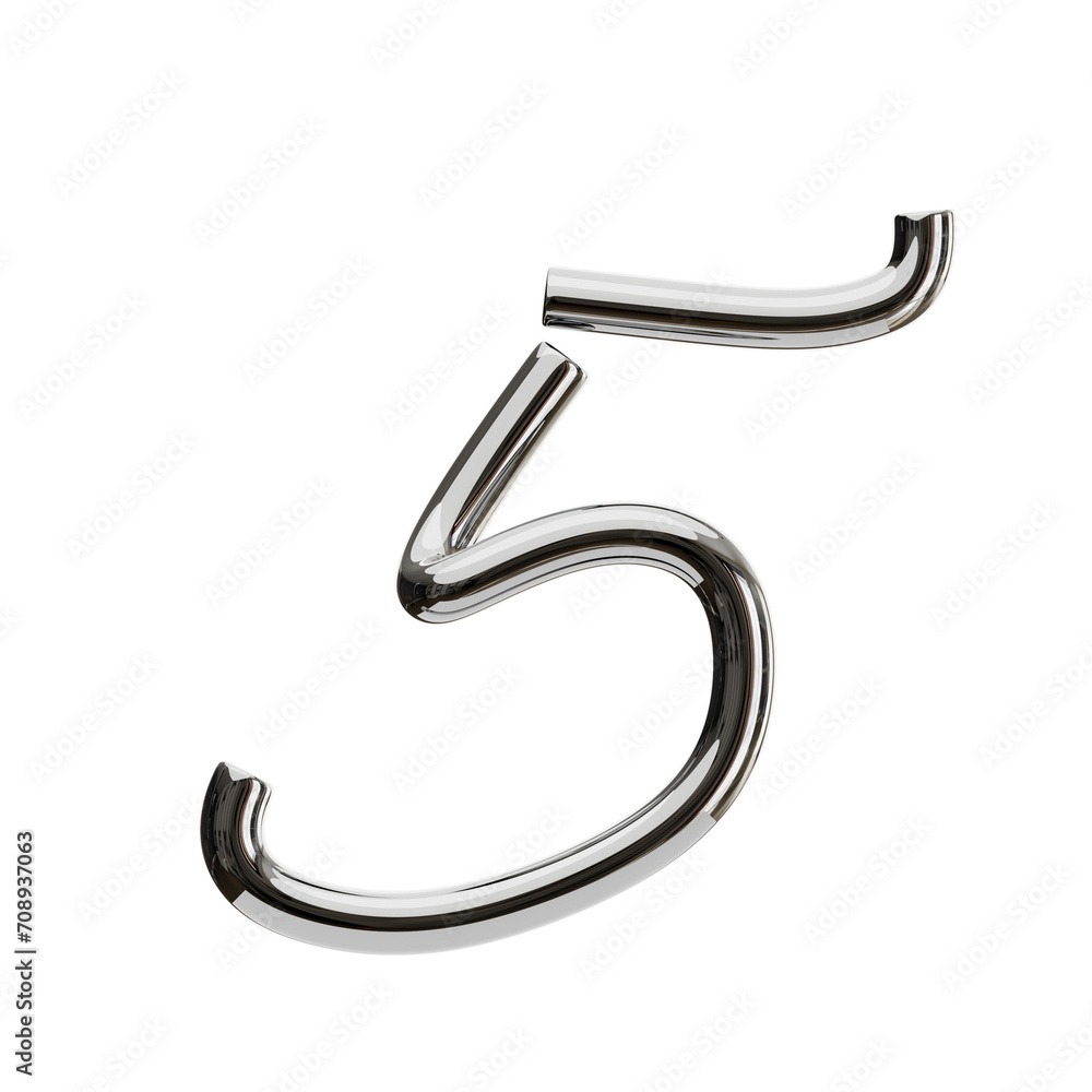 Poster 3d number 5 shape chrome text. 3d illustration, 3d element, 3d rendering. 3d visualization isolated 
