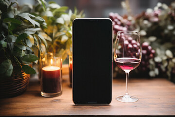Smartphone with blank screen and glass of red wine on wooden table