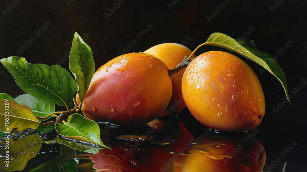 Poster a painting of three peaches with leaves on a reflective surface with water droplets on the surface a