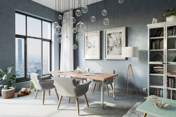 luxurious loft apartment with floor-to-ceiling windows and panoramic view; modern minimalistic interior design of dining room area; bright daylight; 3D rendering