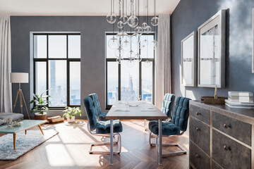 luxurious loft apartment with floor-to-ceiling windows and panoramic view; modern minimalistic interior design of dining room area; bright daylight; 3D rendering
