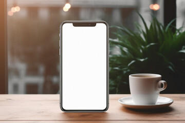 Mockup image of smartphone with blank white screen on wooden table in cafe