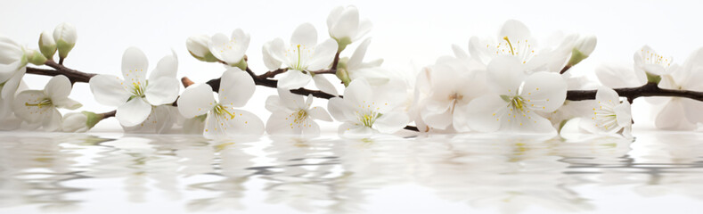 Naklejka na ściany i meble White blossoms are seen on a pristine white surface with mirrors, in the style of photographic, white background