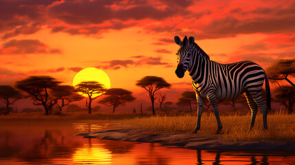 Fototapeta na wymiar Zebra standing in a National Park at sunset
