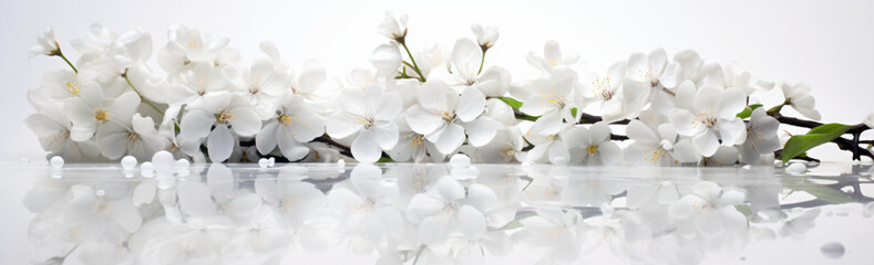 White blossoms are seen on a pristine white surface with mirrors, in the style of photographic, white background

