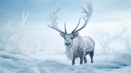 Majestic reindeer, antlers crowned with ice crystals, grazing on frozen tundra