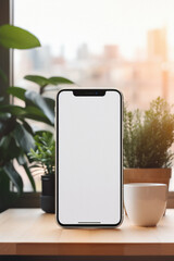 Mockup smartphone with blank screen and coffee cup on wooden table .