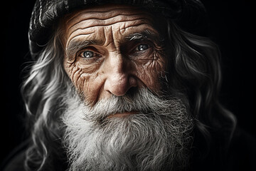 A close-up portrait of a wise old man, his eyes twinkling with the warmth of a thousand memories, and a genuine, hearty smile that reflects the joy found in the simplicity of life.