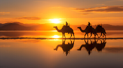 Fototapeta na wymiar Silhuette of camels on the salt lake at sunrise