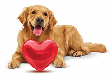 Fotobehang Golden Retriever lies near a big red heart isolated on a white background in cartoon style. St Valentines Day concept. Copy space. © Tanya