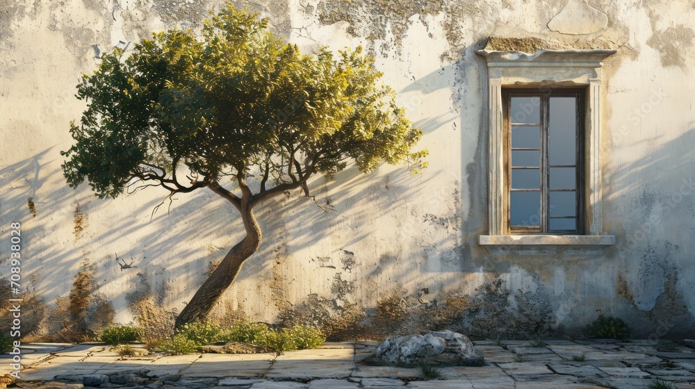 Poster a tree casts a shadow on the wall of an old building with a window and a stone walkway in front of i