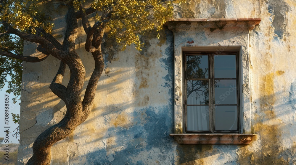 Poster a window on a building with a tree in front of it and a shadow of a tree on the side of the building