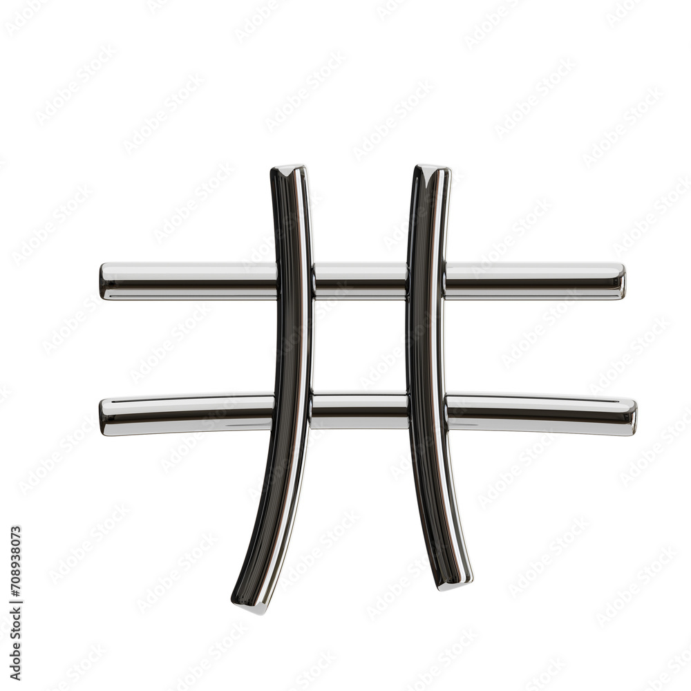 Poster hashtag symbol 3d shape chrome text. 3d illustration, 3d element, 3d rendering. 3d visualization iso