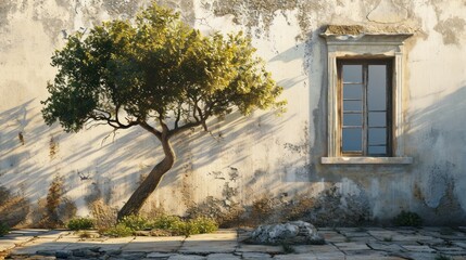  a tree casts a shadow on the wall of an old building with a window and a stone walkway in front of it, with a stone walkway in front of it.