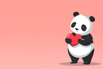 Pandas in love stands and holds a red heart in her hands on a pink background. St Valentines Day concept. Copy space.