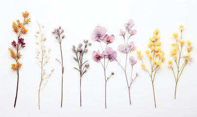 Four small yellow plants on a white background, in the style of white and pink, delicate flowers, photo-realistic landscapes, white and purple, photo montage, organic material, dau al set

 - obrazy, fototapety, plakaty