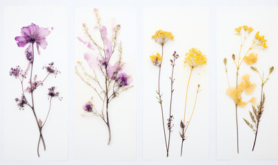 Four small yellow plants on a white background, in the style of white and pink, delicate flowers, photo-realistic landscapes, white and purple, photo montage, organic material, dau al set


