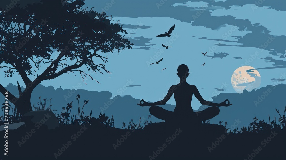 Poster a person sitting in a lotus position in front of a full moon with birds flying in the sky and a tree