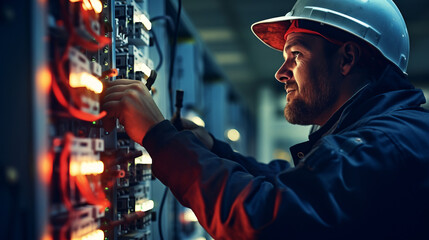 Fototapeta na wymiar Smiling electrician, handsome and skilled, troubleshoots breaker panel ensuring seamless functionality of electricity supply emphasizing importance of maintaining reliable electricity supply