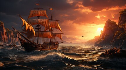 Ancient greek trireme and a single black sail in the middle of wavy ocean sailing by marc simonetti,