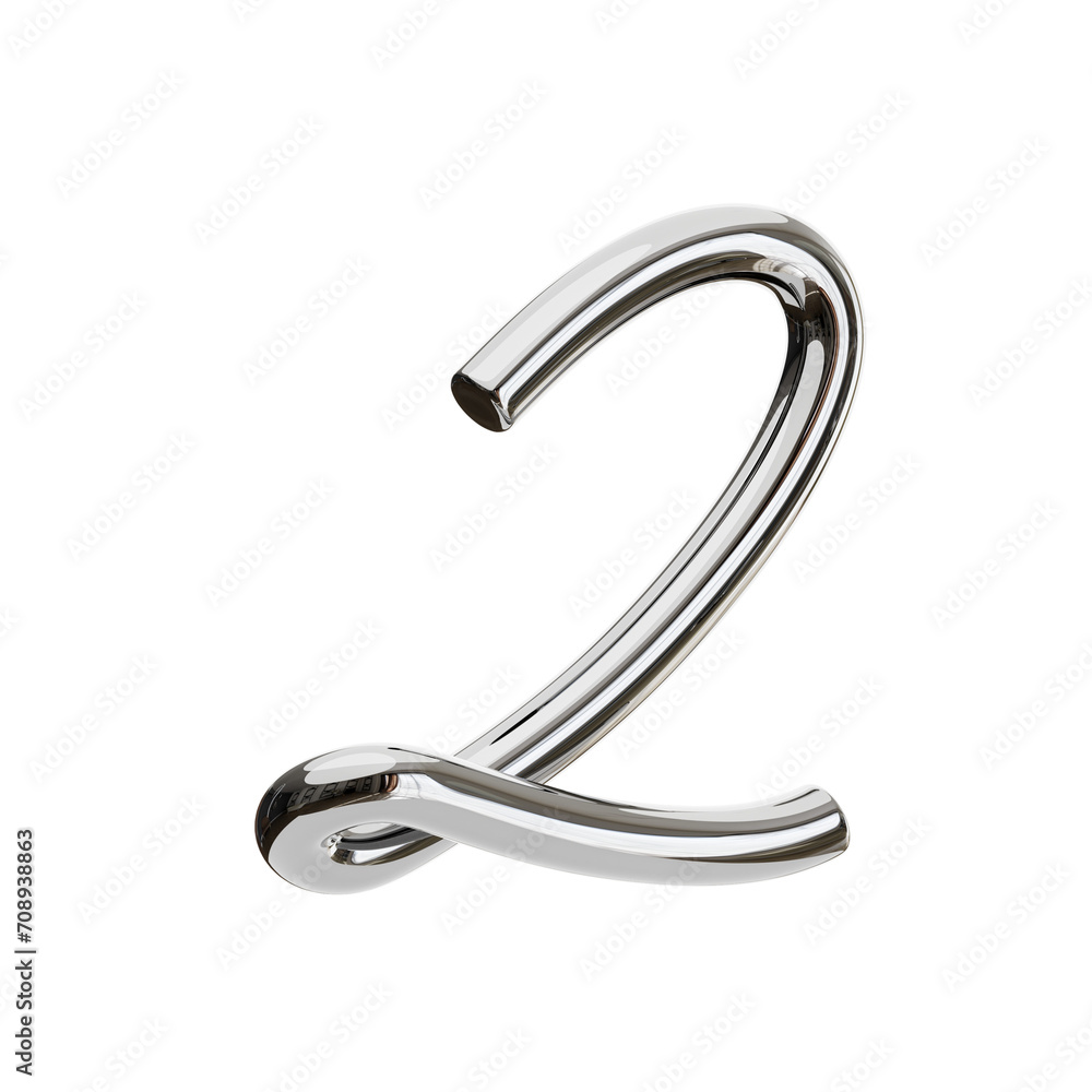 Poster 3D Number 2 Shape Chrome Text. 3d illustration, 3d element, 3d rendering. 3d visualization isolated on a transparent background