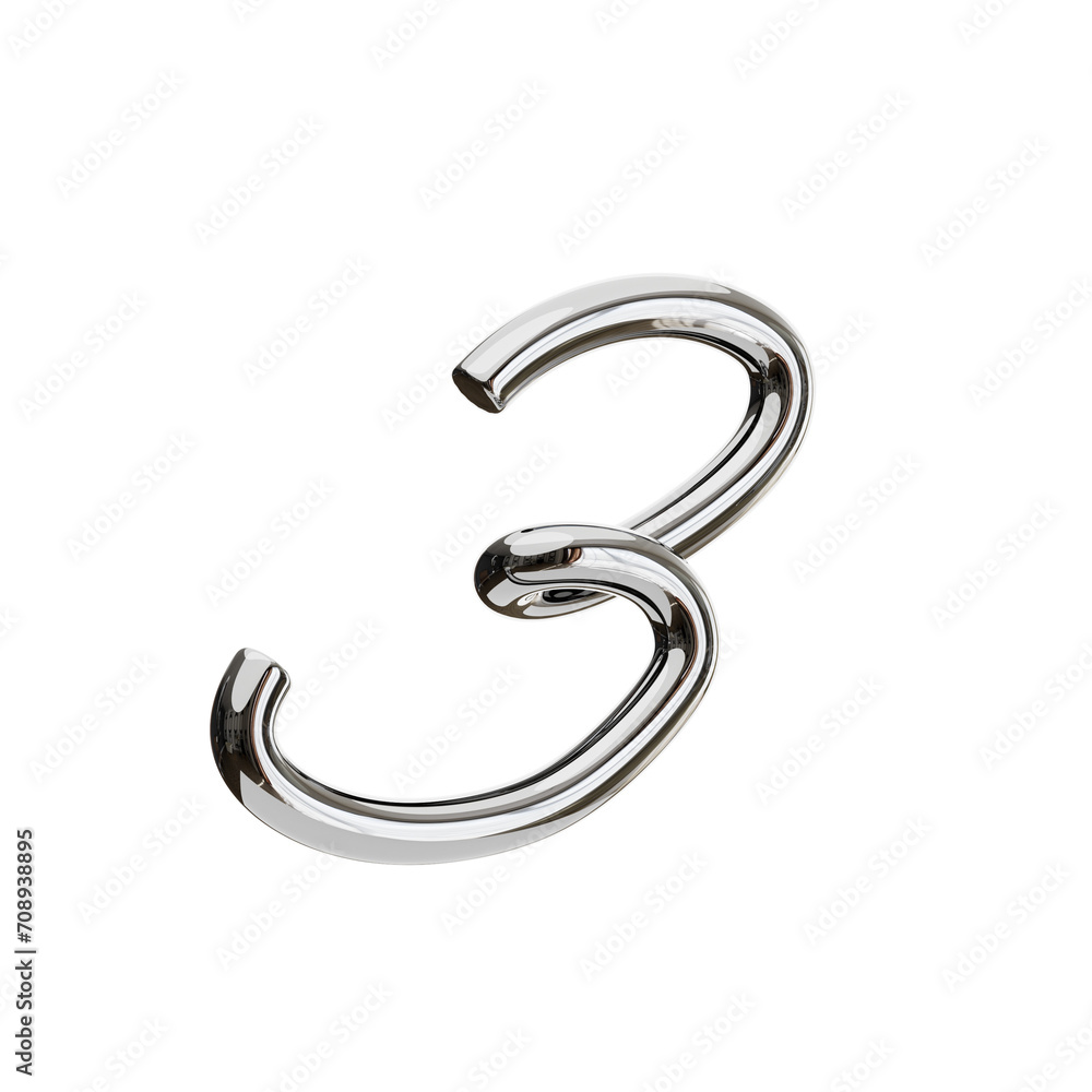 Poster 3D Number 3 Shape Chrome Text. 3d illustration, 3d element, 3d rendering. 3d visualization isolated on a transparent background