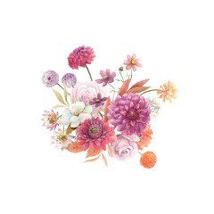 Watercolor floral arrangement with marsala burgundy dahlia,lilac and orange chrysanthemum.