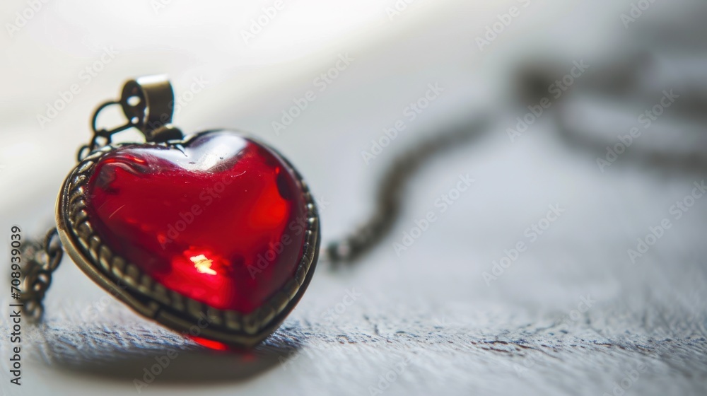 Poster a close up of a red heart shaped locke on a chain on a white surface with a light reflecting off of 