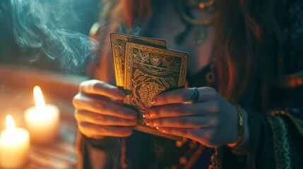 Fortune teller with tarot cards in hands, close up. Future reading concept - obrazy, fototapety, plakaty