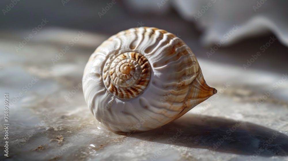 Poster a close up of a snail's shell on top of a white sheet of paper with a wave coming out of the back of