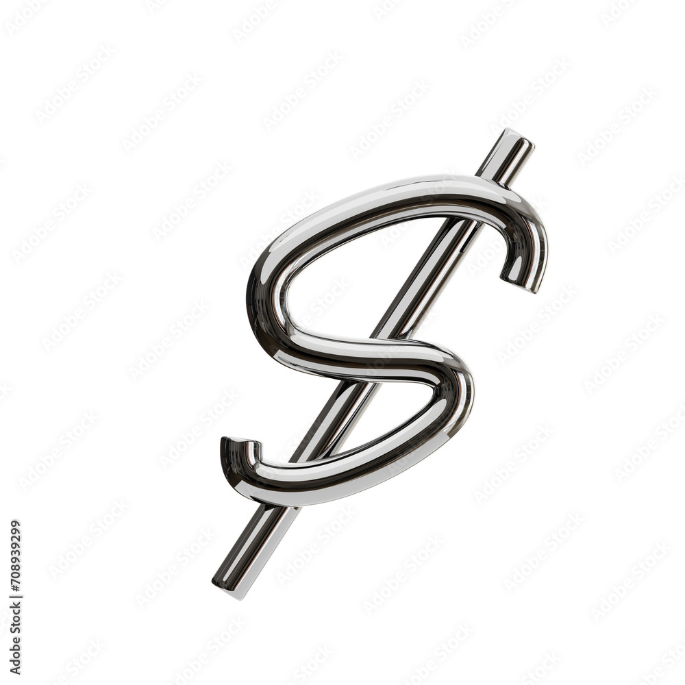 Poster dollar symbol 3d shape chrome text. 3d illustration, 3d element, 3d rendering. 3d visualization isol