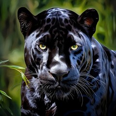 Black panther face, looking at camera with intense expression generative ai