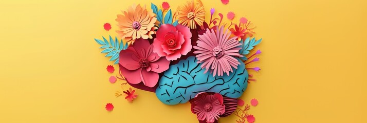 paper cut card Human brain with spring colorful flowers. World Mental Health day Concept of mental health, self care, happiness, harmony, positive thinking, creative mind - obrazy, fototapety, plakaty