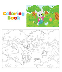 Coloring page. The Easter bunny is holding a brush in his paws in the middle of a green meadow. Bunny paints decorative eggs. Illustration of a scene in a cartoon style.