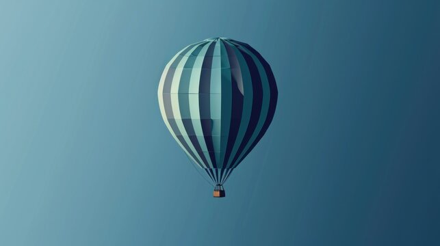  a blue and white striped hot air balloon flying in the sky with a shadow on the bottom of the balloon and a shadow on the bottom of the bottom of the balloon.
