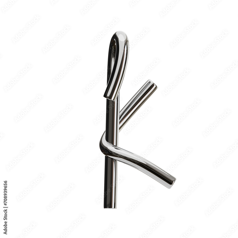 Poster k letter 3d shape chrome text. 3d illustration, 3d element, 3d rendering. 3d visualization isolated 