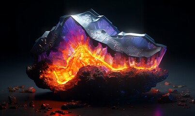 Neon glowing sulphuric 3d realistic crystals in a cracked geode. Generative Ai

 - obrazy, fototapety, plakaty