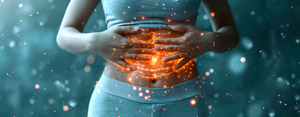 Stomach or bowel pain. Woman putting her hands on her belly.  - obrazy, fototapety, plakaty