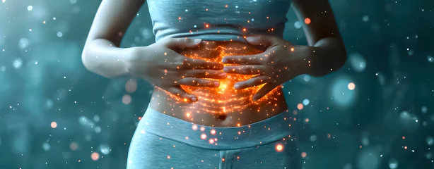 Fotobehang Stomach or bowel pain. Woman putting her hands on her belly.  © TopMicrobialStock