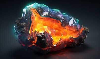 Neon glowing sulphuric 3d realistic crystals in a cracked geode. Generative Ai

