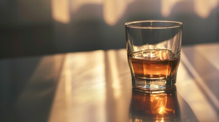  a glass of whiskey sitting on top of a wooden table next to a bottle of alcohol and a glass of water on a table top of a wooden table with a shadow.