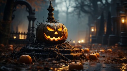 A scary carved pumpkin in a cemetary with fog.