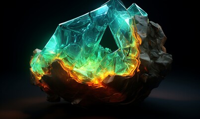 Neon glowing sulphuric 3d realistic crystals in a cracked geode. Generative Ai

 - obrazy, fototapety, plakaty